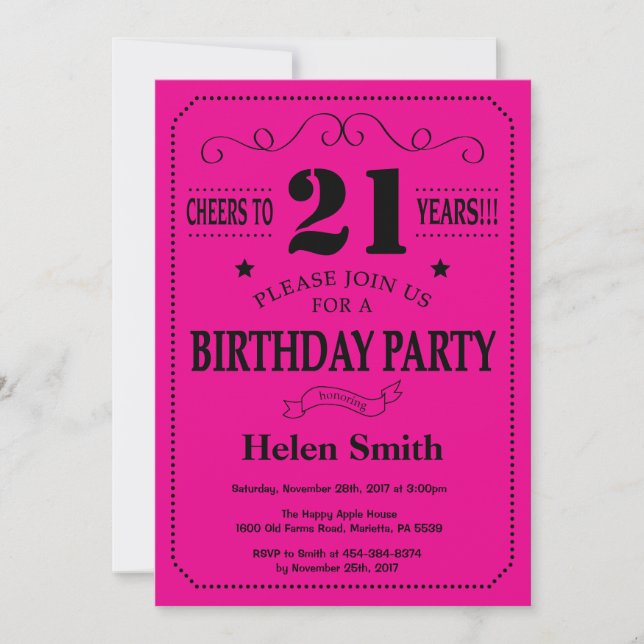 Invitación de cumpleaños 21 Black and Hot Pink (Anverso)