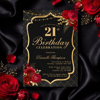 Invitación de cumpleaños 21 Black, Red & Gold