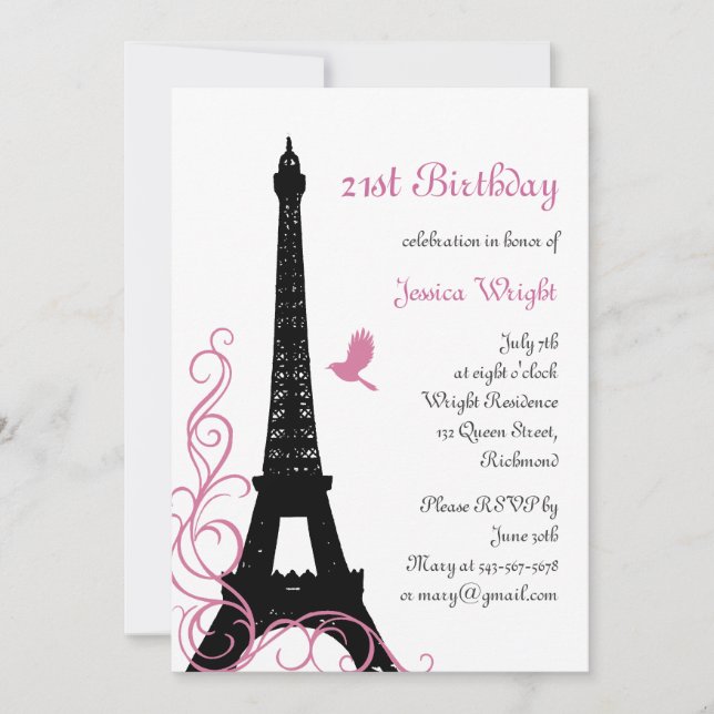 Invitación de cumpleaños 21 (blanco) de París (Anverso)