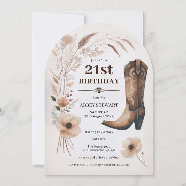 Invitación de cumpleaños 21 Boho Vaquera Occidenta (Anverso)