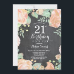 Invitación de cumpleaños 21 botánico floral meloco<br><div class="desc">Invitación de cumpleaños 21 botánico floral melocotón. Invitación de cumpleaños floral rosa peonías para mujeres. Flor acuarela floral. Elegantes flores rosa y peonía. Cumpleaños adulto. Fondo de pizarra. Blanco y negro. 13 15 16 18 20 21 30 40 50 60 70 80 90 100, cualquier edad. Para una mayor personalización,...</div>