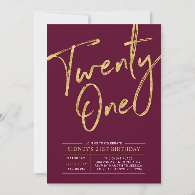 Invitación de cumpleaños 21 Burgundy & Gold (Anverso)
