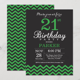Invitación de cumpleaños 21 Chevron negro y verde