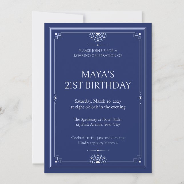 Invitación de cumpleaños 21 Cobalt Ziggurat Deco (Anverso)