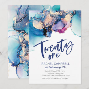 Invitación de cumpleaños 21 color de agua azul abs