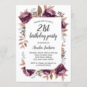 Invitación de cumpleaños 21 con acuarela de flor m