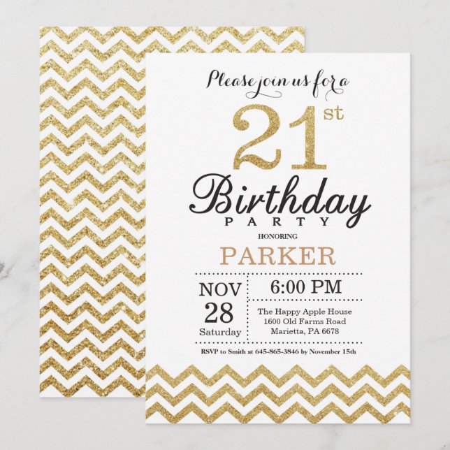 Invitación de cumpleaños 21 con brillo dorado (Anverso / Reverso)
