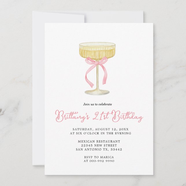 Invitación de cumpleaños 21 con champán dorado y r (Anverso)