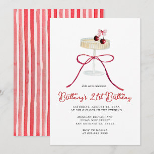 Invitación de cumpleaños 21 con champán y lazo roj