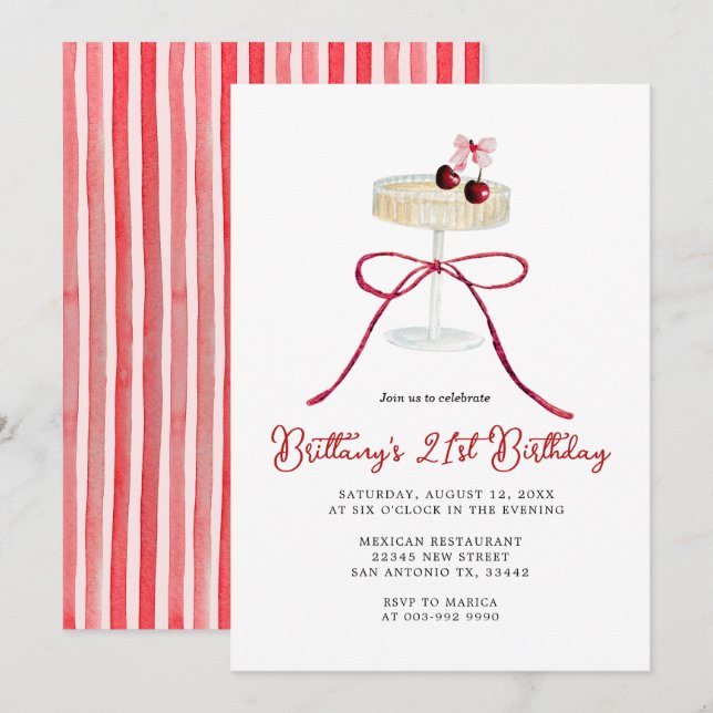 Invitación de cumpleaños 21 con champán y lazo roj (Anverso / Reverso)
