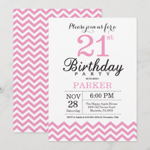 Invitación de cumpleaños 21 con Chevron Rosa