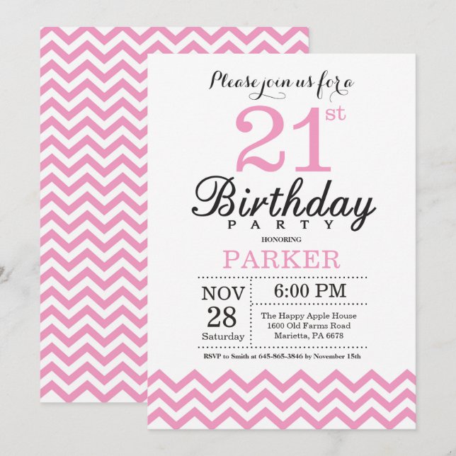 Invitación de cumpleaños 21 con Chevron Rosa (Anverso / Reverso)