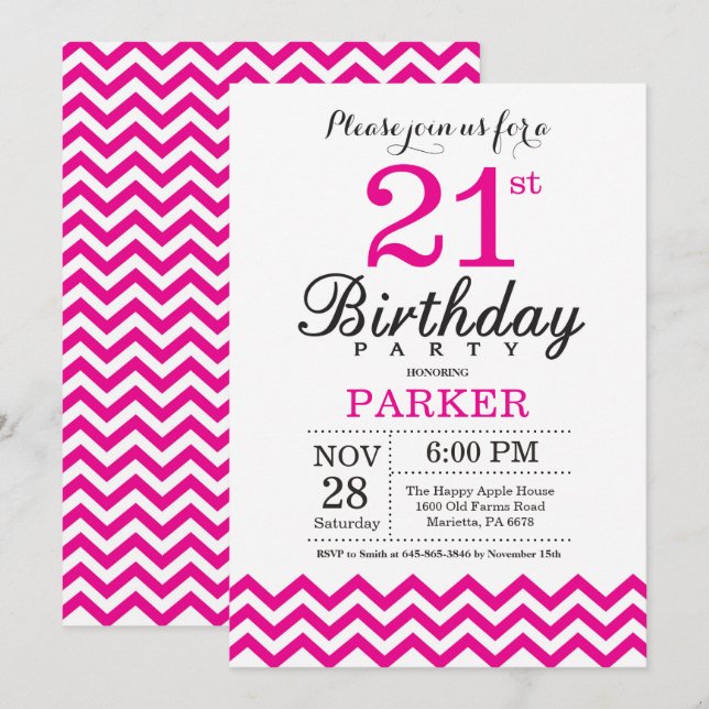 Invitación de cumpleaños 21 con Chevron Rosa Calie (Anverso / Reverso)
