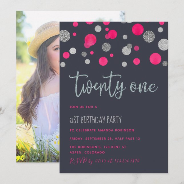 invitación de cumpleaños 21 con confeti brillante (Anverso / Reverso)