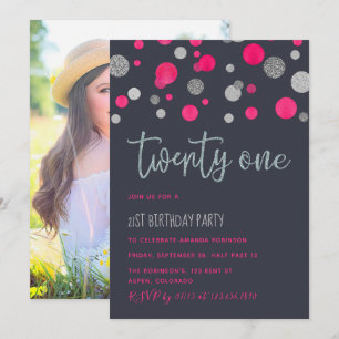 invitación de cumpleaños 21 con confeti brillante