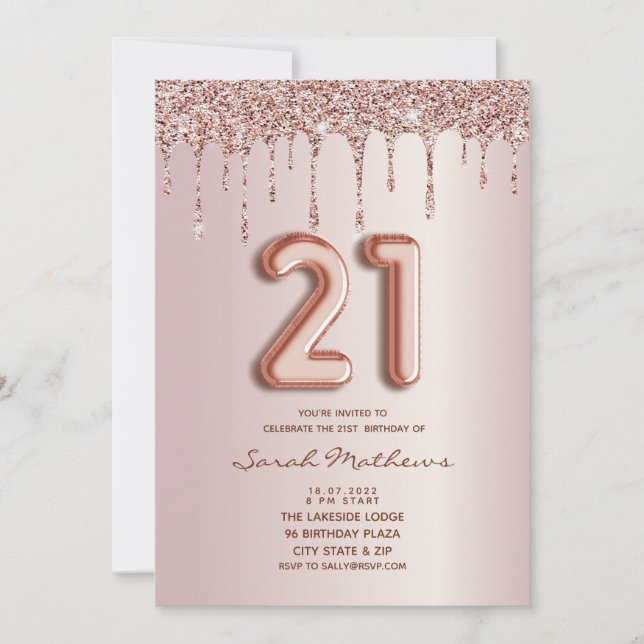 Invitación de cumpleaños 21 con destellos de rosa  (Anverso)