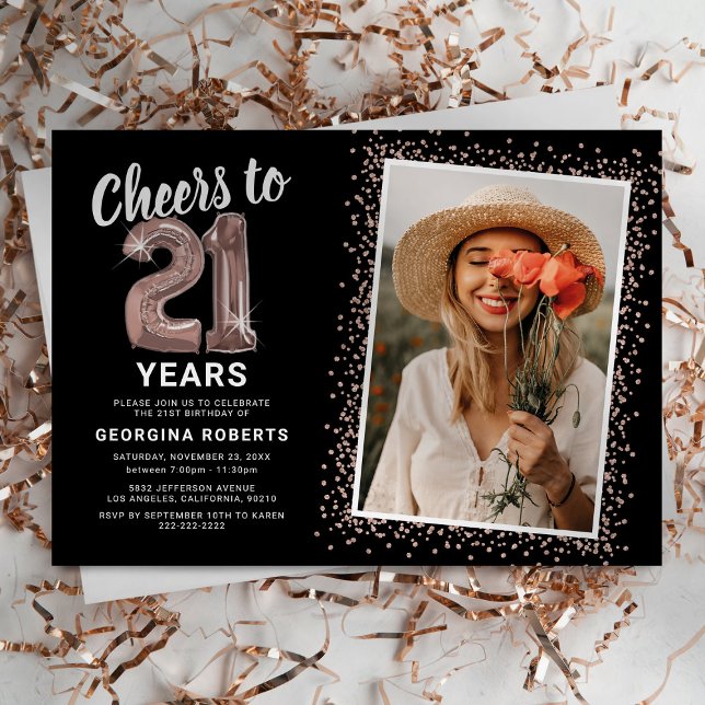 Invitación de cumpleaños 21 con foto en rosa oro (Subido por el creador)