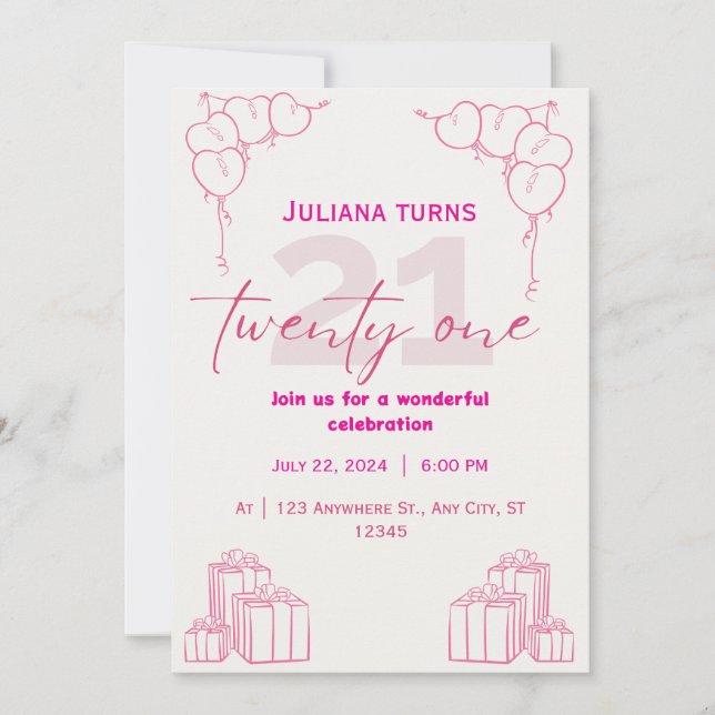 Invitación de cumpleaños 21 con pinceladas rosadas (Anverso)