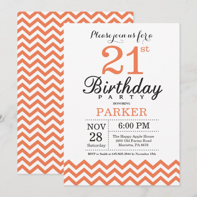 Invitación de cumpleaños 21 Coral Chevron (Anverso / Reverso)