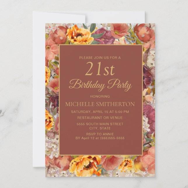 Invitación de cumpleaños 21 crema naranja quemada  (Anverso)