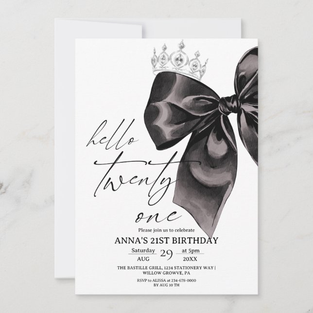 Invitación de cumpleaños 21 de Black Bow Twenty on (Anverso)