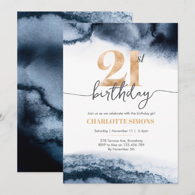Invitación de cumpleaños 21 de Black Watercolor (Anverso / Reverso)