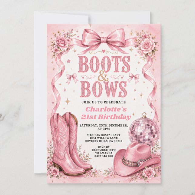 Invitación de cumpleaños 21 de Boots & Bows (Anverso)