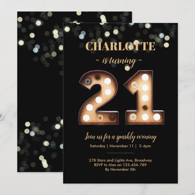 Invitación de cumpleaños 21 de Bright Lights (Anverso / Reverso)