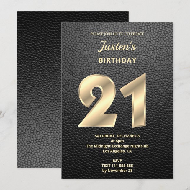 Invitación de cumpleaños 21 de cuero moderno (Anverso / Reverso)