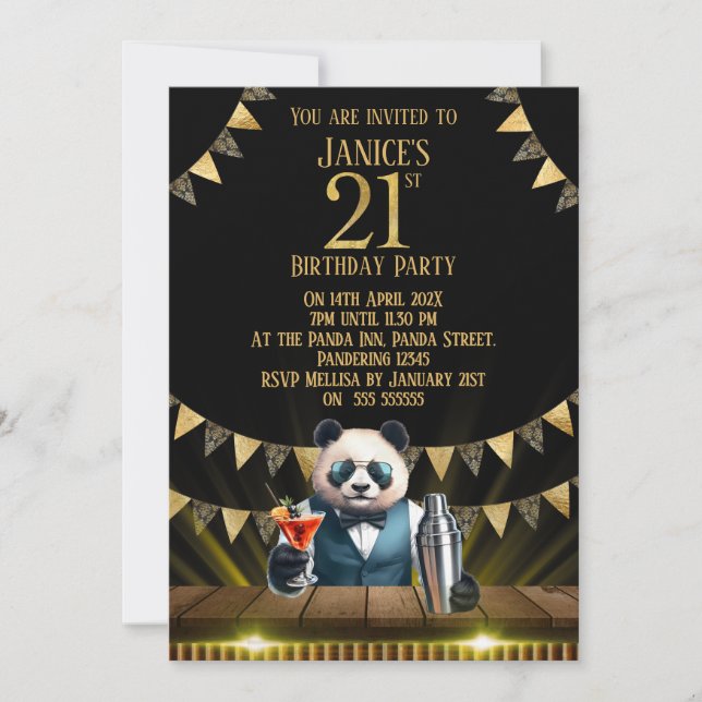 Invitación de cumpleaños 21 de Funny Panda (Anverso)