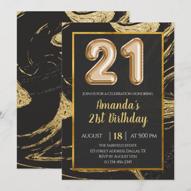 Invitación de cumpleaños 21 de Mármol de oro negro (Anverso / Reverso)