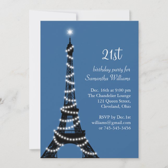 Invitación de cumpleaños 21 de París en azul (Anverso)
