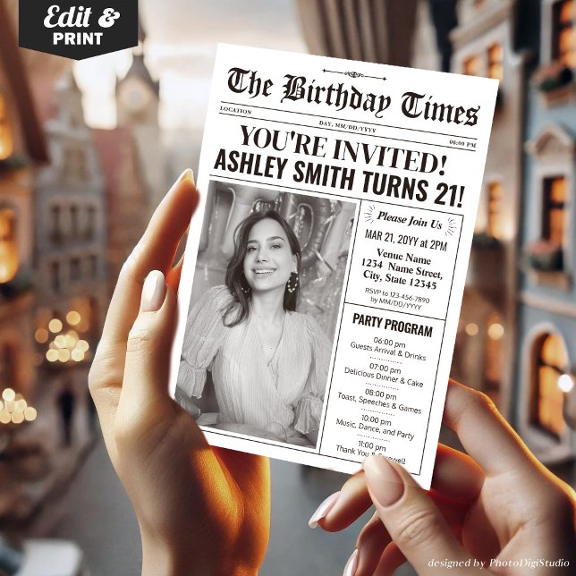 Invitación de cumpleaños 21 de periódico con progr (21st Birthday Newspaper Invitations with Program)