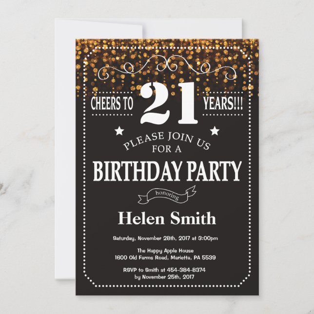 Invitación de cumpleaños 21 de Purpurina de oro (Anverso)