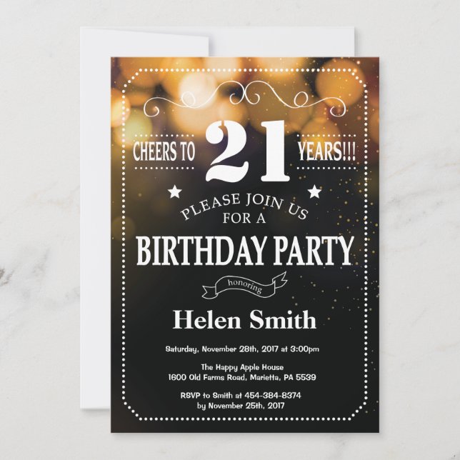 Invitación de cumpleaños 21 de Purpurina de oro (Anverso)