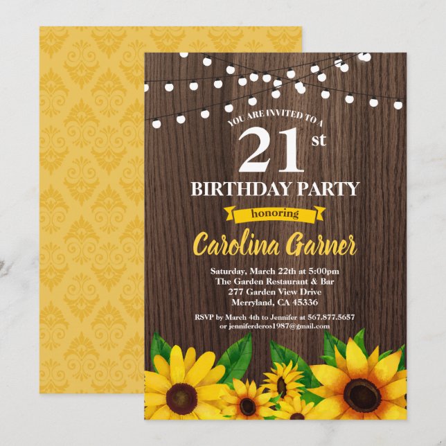 Invitación de cumpleaños 21 del girasol. Cualquier (Anverso / Reverso)