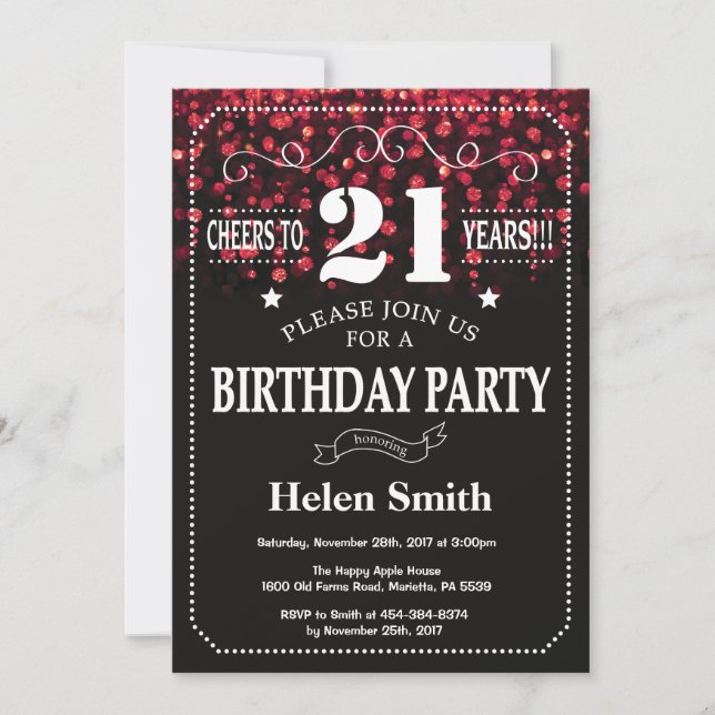 Invitación de cumpleaños 21 del Purpurina Rojo (Anverso)