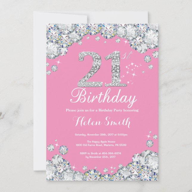 Invitación de cumpleaños 21 Diamante rosa y plata (Anverso)