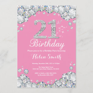 Invitación de cumpleaños 21 Diamante rosa y plata
