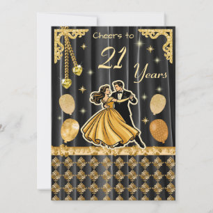 Invitación de cumpleaños 21 dorado con pareja bail