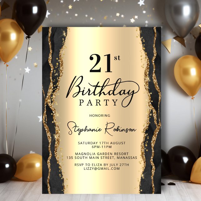 Invitación de cumpleaños 21 elegante Black Gold Ag (Subido por el creador)