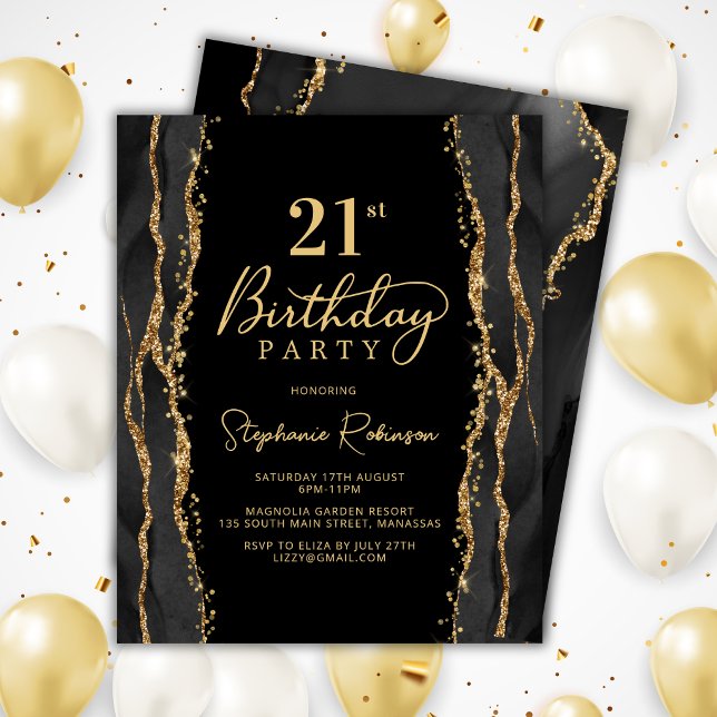 Invitación de cumpleaños 21 elegante de ágata negr (Subido por el creador)