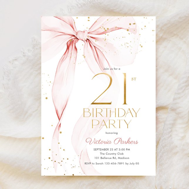 Invitación de cumpleaños 21 Elegante Lazo Rosa (Subido por el creador)