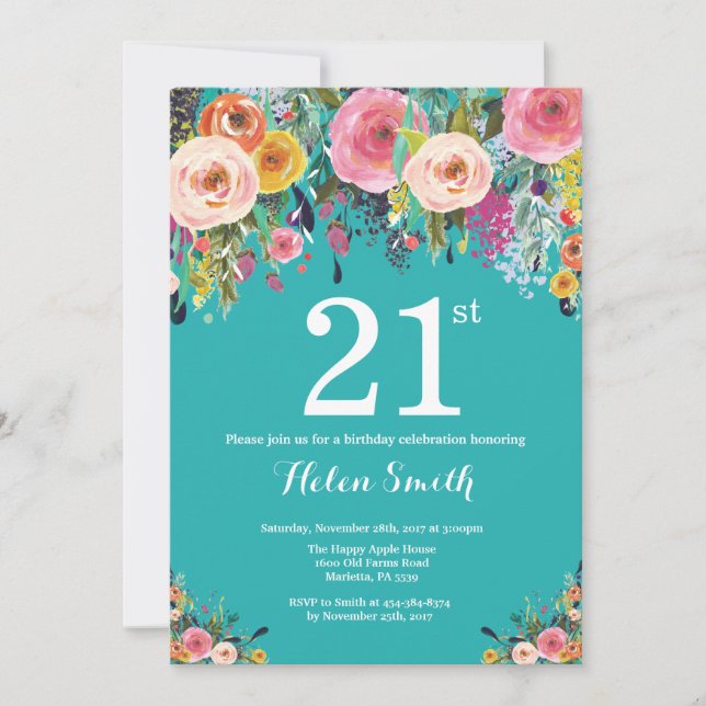 Invitación de cumpleaños 21 en floral turquesa (Anverso)