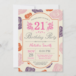 Invitación de cumpleaños 21 floral con rosas rosad