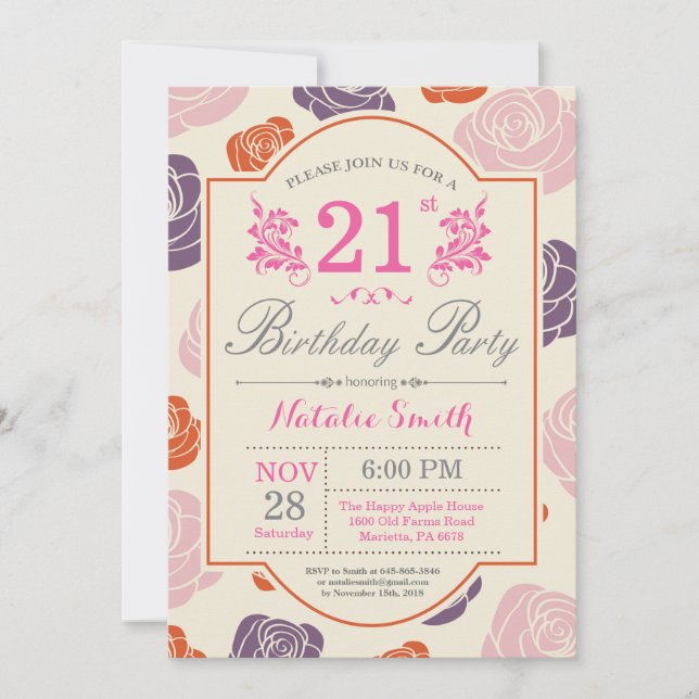 Invitación de cumpleaños 21 floral con rosas rosad (Anverso)