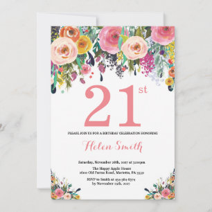 Invitación de cumpleaños 21 floral rosa