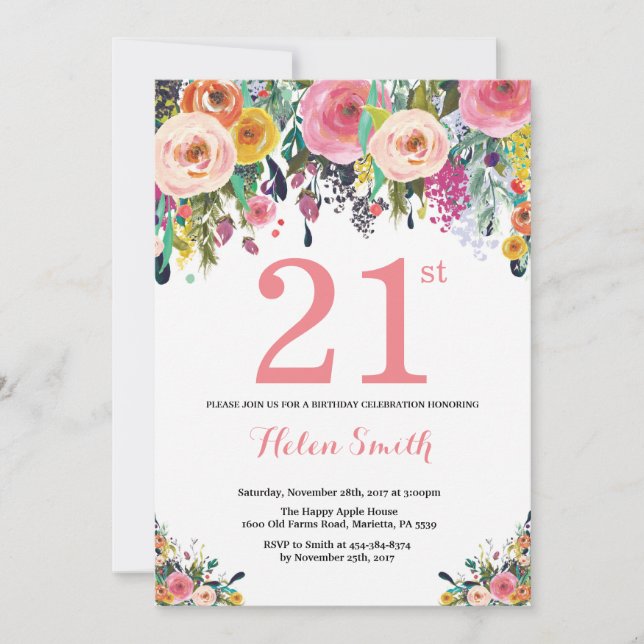 Invitación de cumpleaños 21 floral rosa (Anverso)