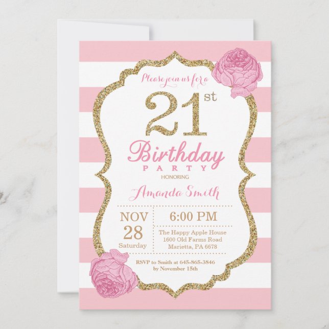 Invitación de cumpleaños 21 Floral rosa y dorada (Anverso)