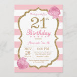 Invitación de cumpleaños 21 Floral rosa y dorada<br><div class="desc">Invitación al cumpleaños número 21. Rosa y Oro.Brillantina dorada. Estripas rosas y blancas. Flor floral rosa. Cumpleaños de adultos. Fiesta de cumpleaños de mujeres.
Para más personalización,  haga clic en el botón "Personalizar" y utilice nuestra herramienta de diseño para modificar esta plantilla.</div>